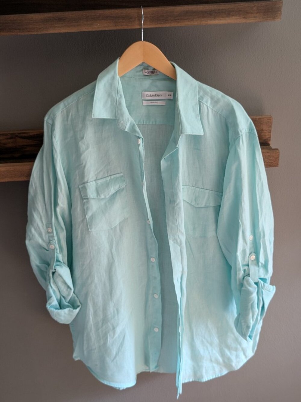 Calvin Klein Men's 100% Linen Long Sleeve Button Down Shirt Mint Green XL